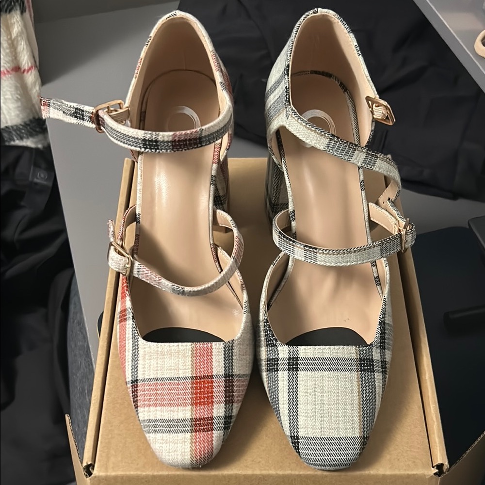 Journee Collection Plaid Heels with Ankle Strap